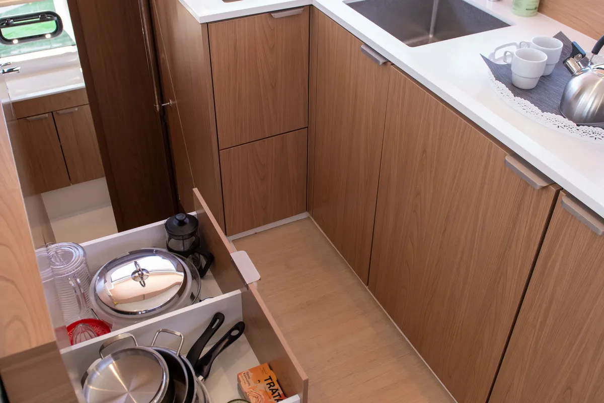 Galley of Ela Thalassa III, a Bali Catsmart catamaran at Municipal Unit of Lefkada, Greece