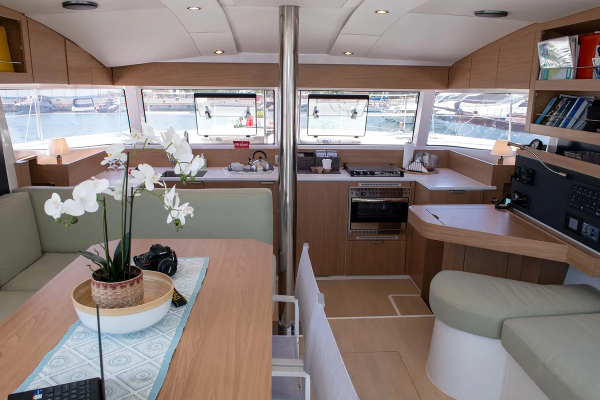 Salon of Ela Thalassa III, a Bali Catsmart catamaran at Municipal Unit of Lefkada, Greece