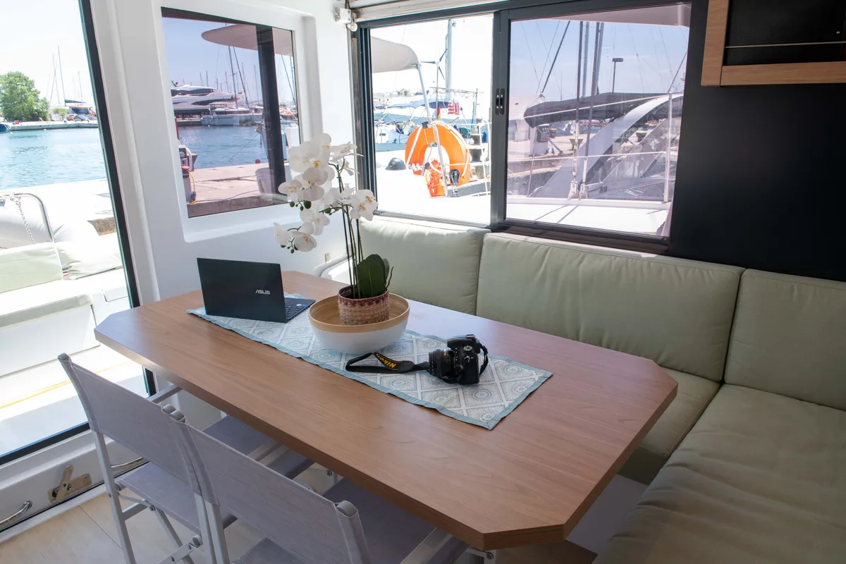 Salon of Ela Thalassa III, a Bali Catsmart catamaran at Municipal Unit of Lefkada, Greece