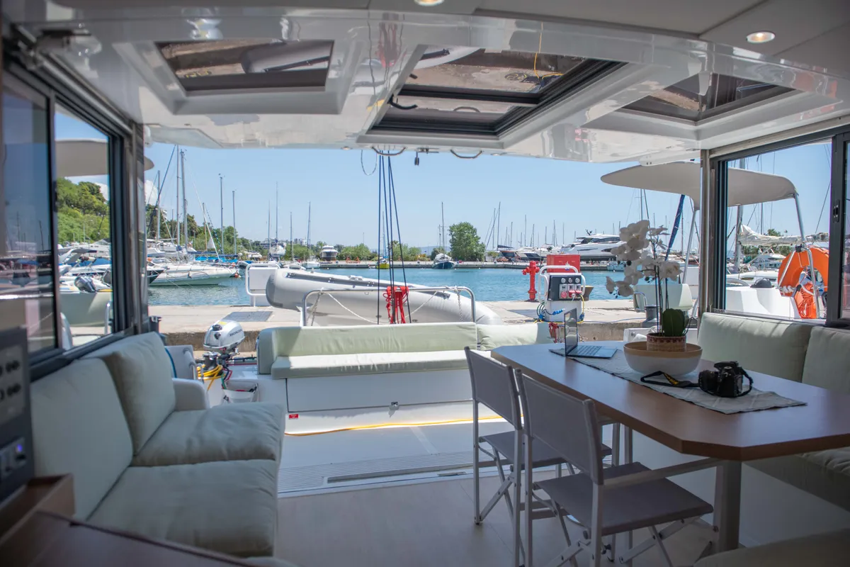 Salon of Ela Thalassa III, a Bali Catsmart catamaran at Municipal Unit of Lefkada, Greece
