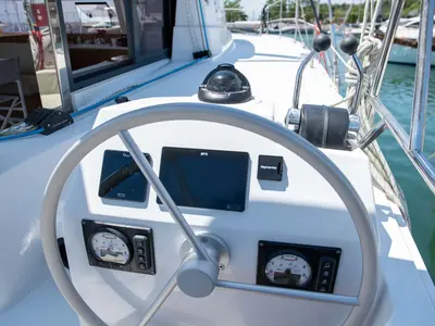 Cockpit of Ela Thalassa III, a Bali Catsmart catamaran at Municipal Unit of Lefkada, Greece