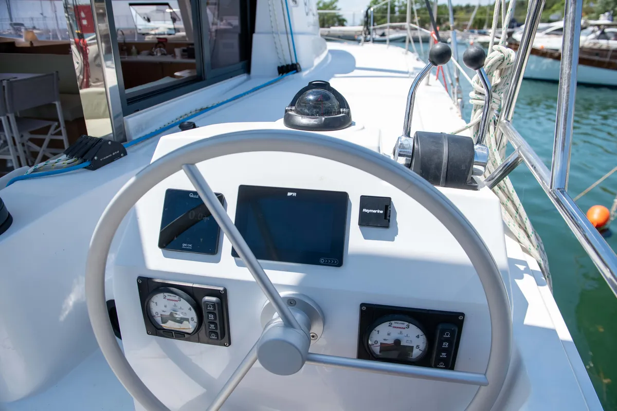 Cockpit of Ela Thalassa III, a Bali Catsmart catamaran at Municipal Unit of Lefkada, Greece