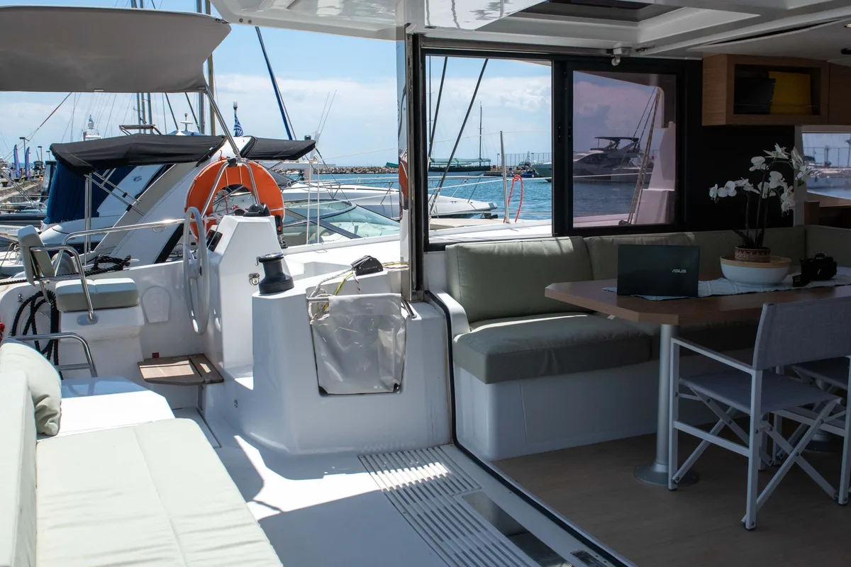 Deck of Ela Thalassa III, a Bali Catsmart catamaran at Municipal Unit of Lefkada, Greece