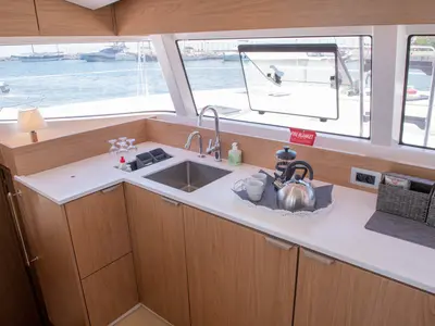 Galley of Ela Thalassa III, a Bali Catsmart catamaran at Municipal Unit of Lefkada, Greece