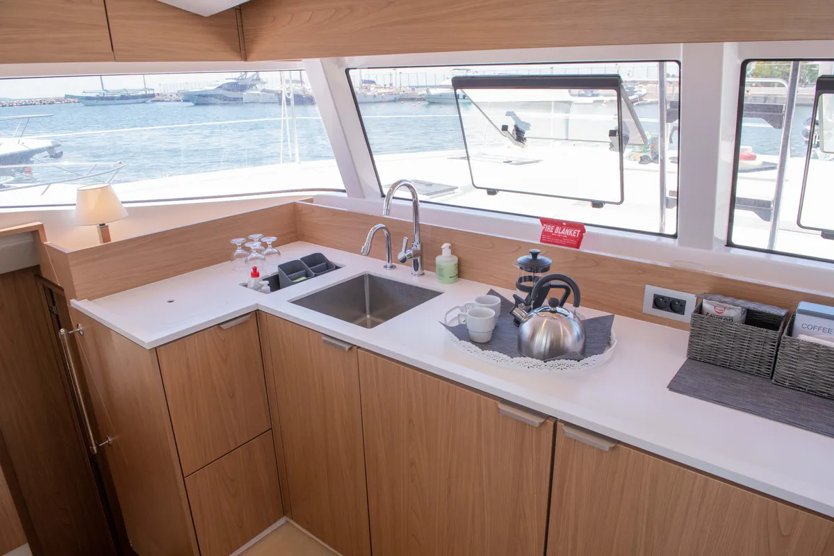 Galley of Ela Thalassa III, a Bali Catsmart catamaran at Municipal Unit of Lefkada, Greece