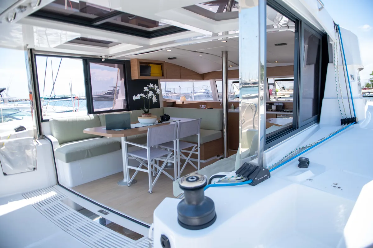 Salon of Ela Thalassa III, a Bali Catsmart catamaran at Municipal Unit of Lefkada, Greece