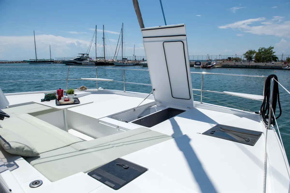 Deck of Ela Thalassa III, a Bali Catsmart catamaran at Municipal Unit of Lefkada, Greece