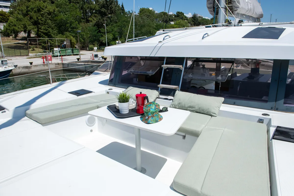 Deck of Ela Thalassa III, a Bali Catsmart catamaran at Municipal Unit of Lefkada, Greece