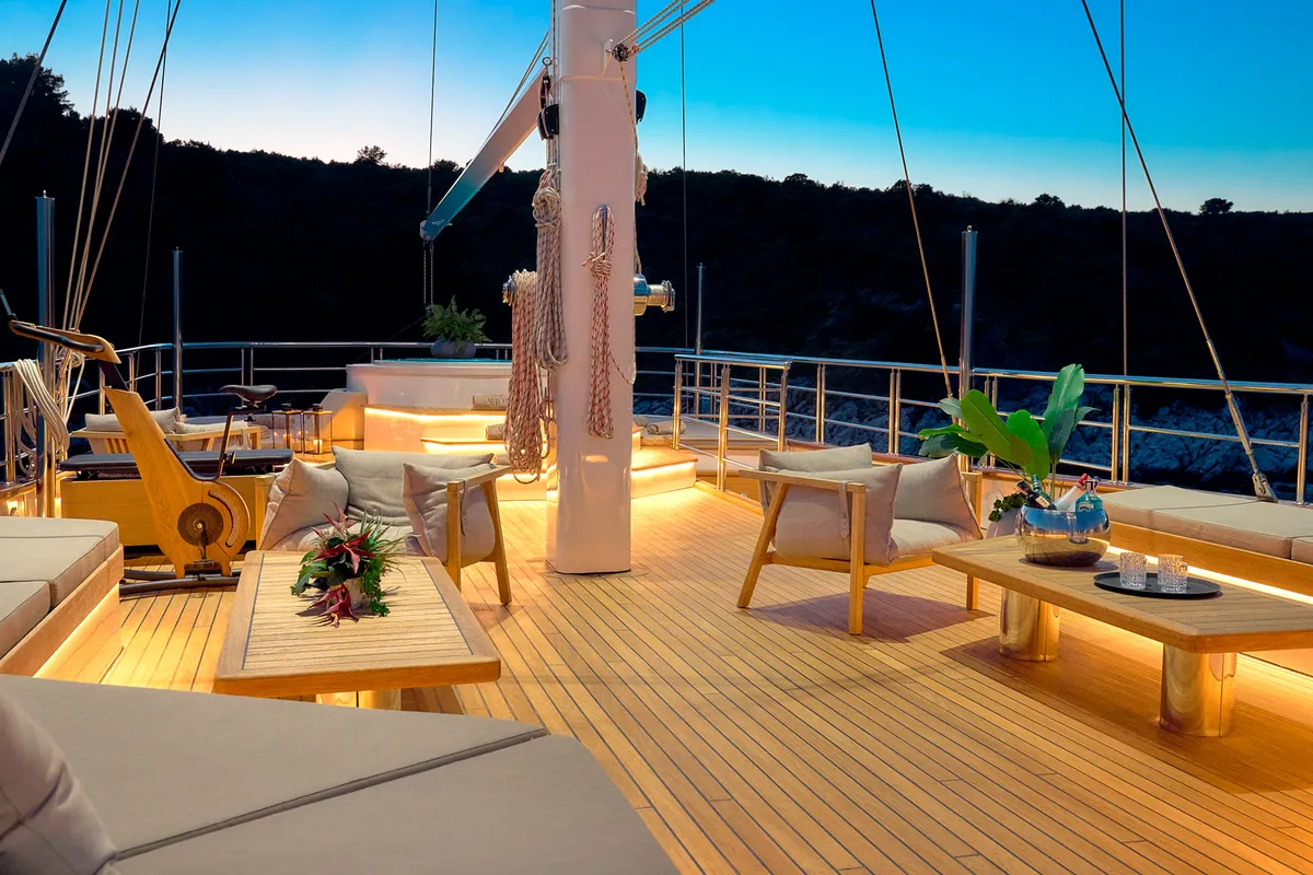 Deck of Marallure, a Gulet Motor sailer sailboat at Split, Croatia
