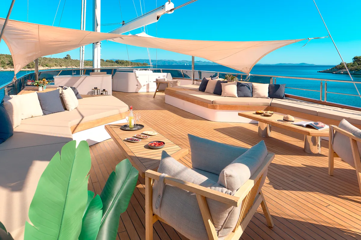 Deck of Marallure, a Gulet Motor sailer sailboat at Split, Croatia