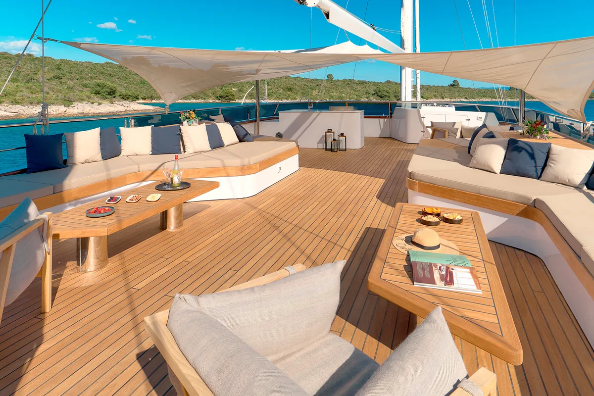 Deck of Marallure, a Gulet Motor sailer sailboat at Split, Croatia