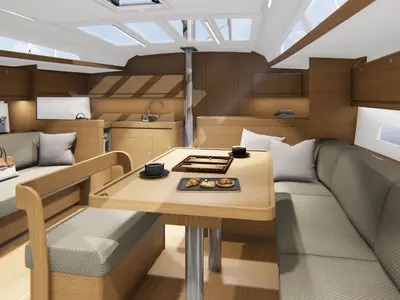 Salon of Feeling Good, a Dufour 430 sailboat at Preveza, Greece