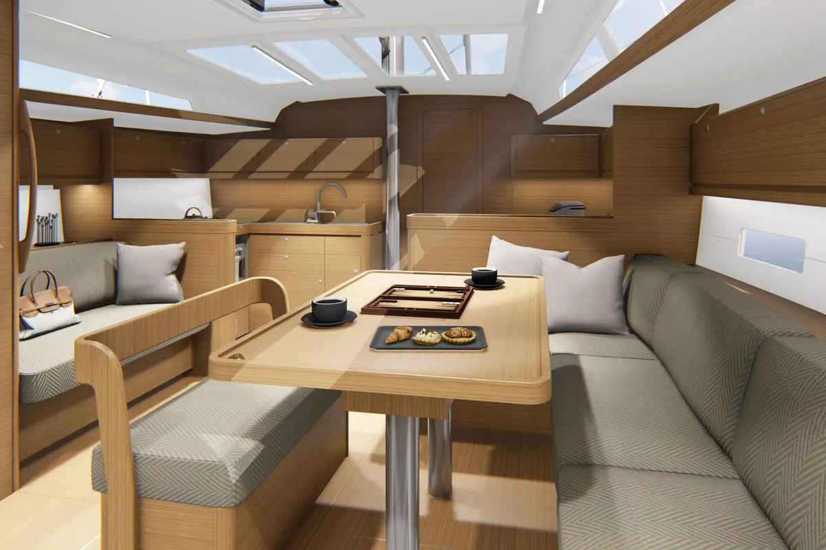 Salon of Feeling Good, a Dufour 430 sailboat at Preveza, Greece