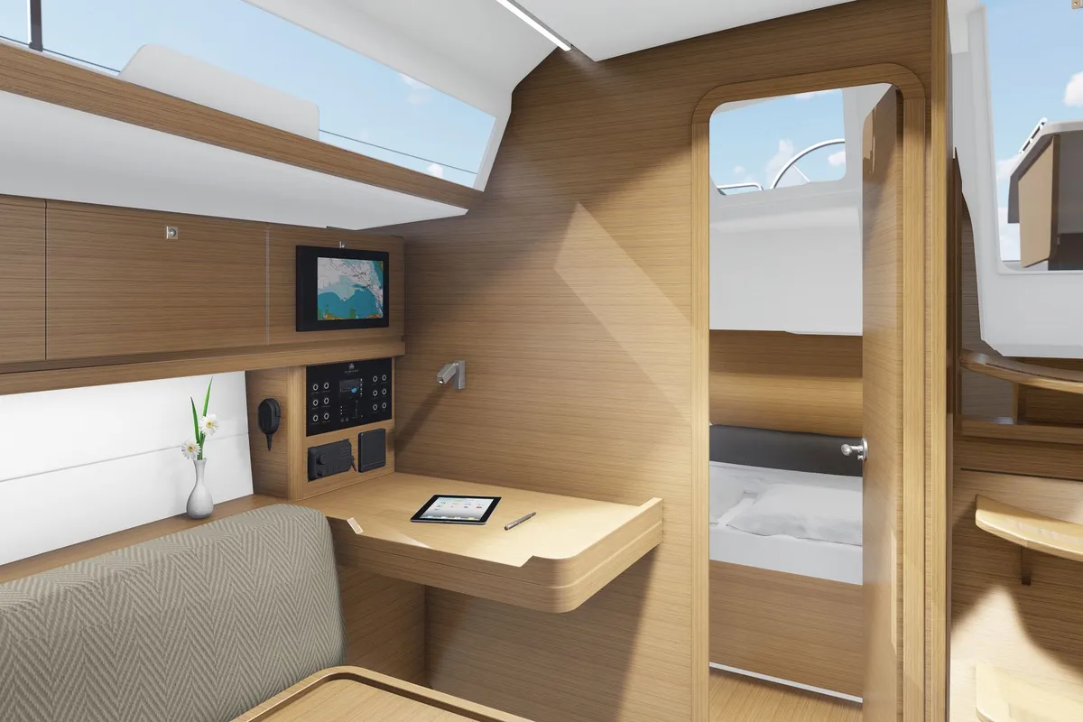 Salon of Feeling Good, a Dufour 430 sailboat at Preveza, Greece