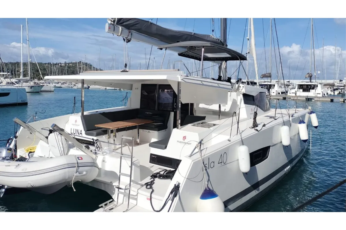 Exterior view of Luna, a Fountaine Pajot Isla 40 catamaran at Cagliari, Italy