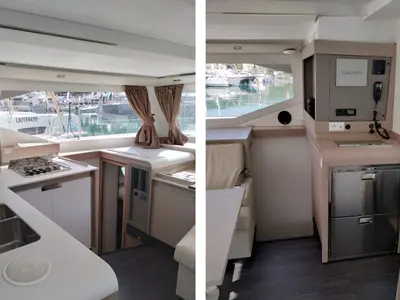 Galley of Luna, a Fountaine Pajot Isla 40 catamaran at Cagliari, Italy