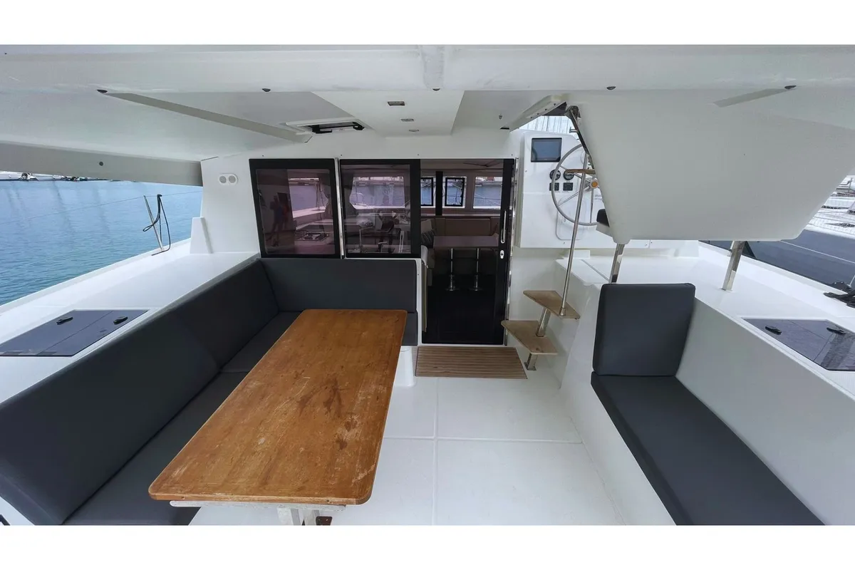 Deck of Luna, a Fountaine Pajot Isla 40 catamaran at Cagliari, Italy