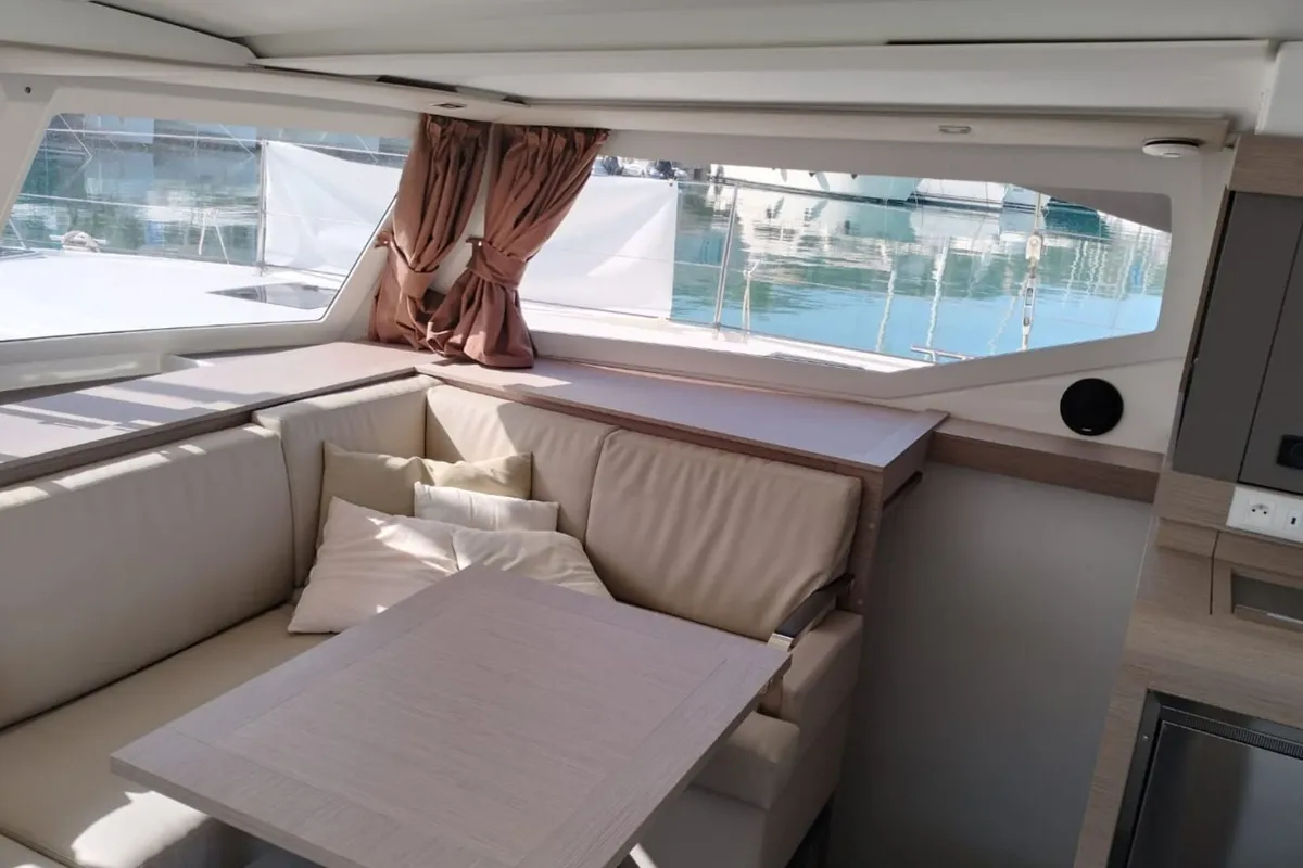 Salon of Luna, a Fountaine Pajot Isla 40 catamaran at Cagliari, Italy