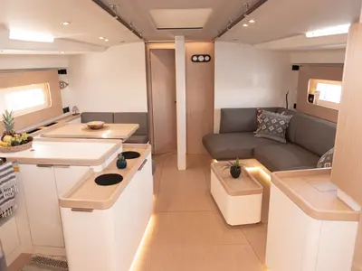 Salon of Izanami, a Beneteau First Yacht 53 sailboat at Lavrion, Greece
