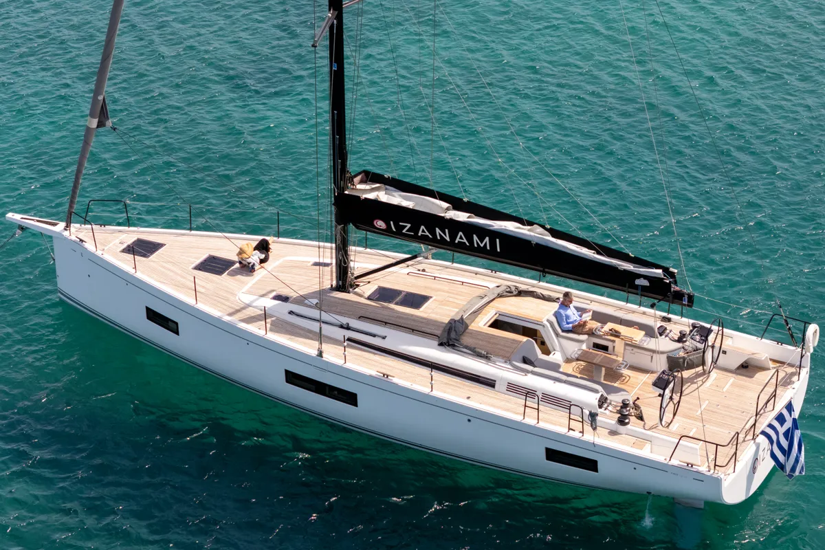 Exterior view of Izanami, a Beneteau First Yacht 53 sailboat at Lavrion, Greece