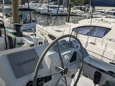 Cockpit of Zensation, a Fountaine Pajot Tanna 47 catamaran at Chesapeake, United States
