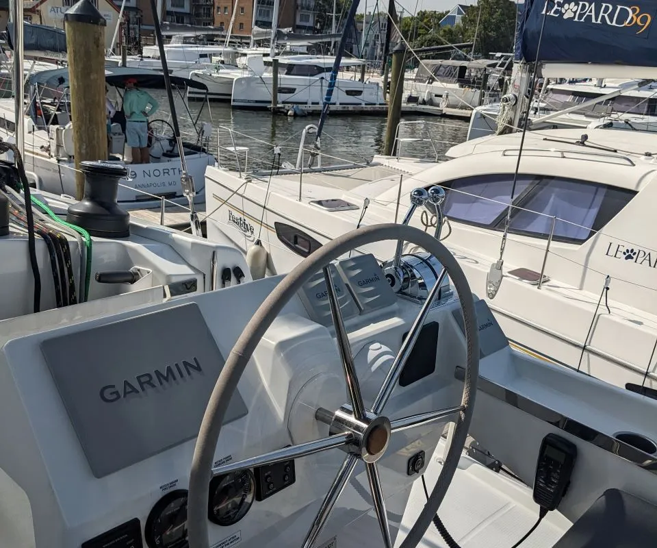 Cockpit of Zensation, a Fountaine Pajot Tanna 47 catamaran at Chesapeake, United States