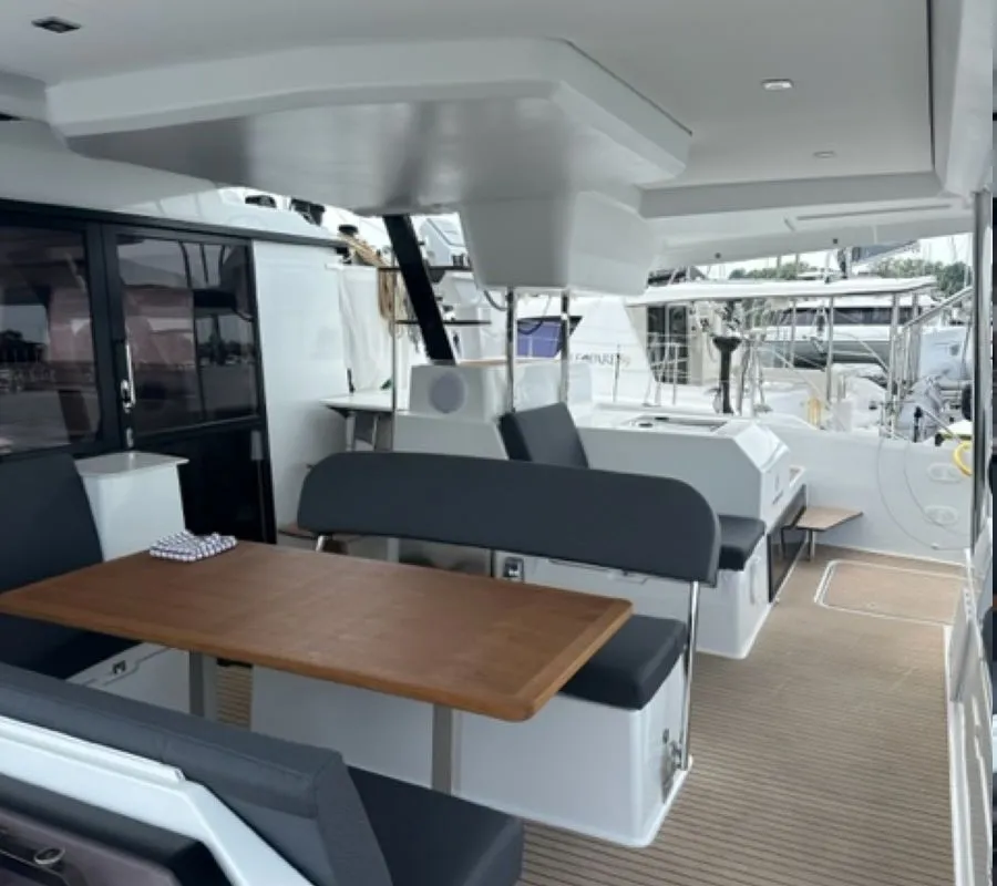 Deck of Zensation, a Fountaine Pajot Tanna 47 catamaran at Chesapeake, United States