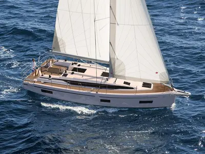 Exterior view of Xenia, a Bavaria C38 sailboat at Tivat, Montenegro