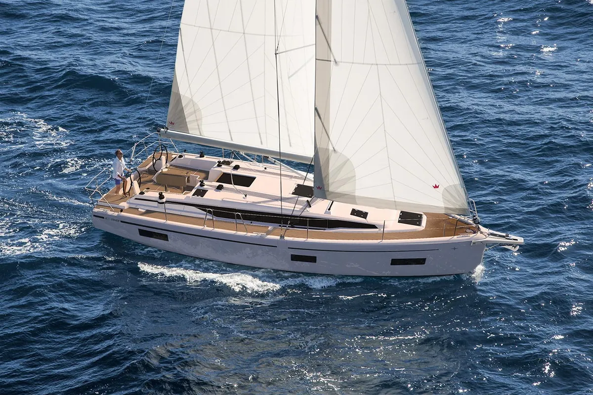 Exterior view of Xenia, a Bavaria C38 sailboat at Tivat, Montenegro