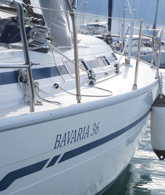 Exterior view of Konstantinos, a Bavaria 36 sailboat at Municipal Unit of Lefkada, Greece