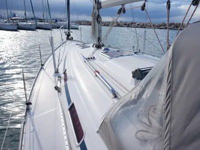 Deck of Konstantinos, a Bavaria 36 sailboat at Municipal Unit of Lefkada, Greece