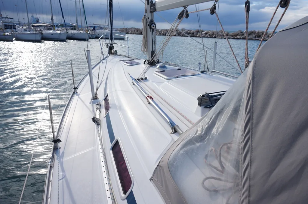 Deck of Konstantinos, a Bavaria 36 sailboat at Municipal Unit of Lefkada, Greece