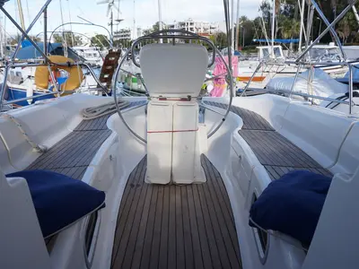 Cockpit of Konstantinos, a Bavaria 36 sailboat at Municipal Unit of Lefkada, Greece