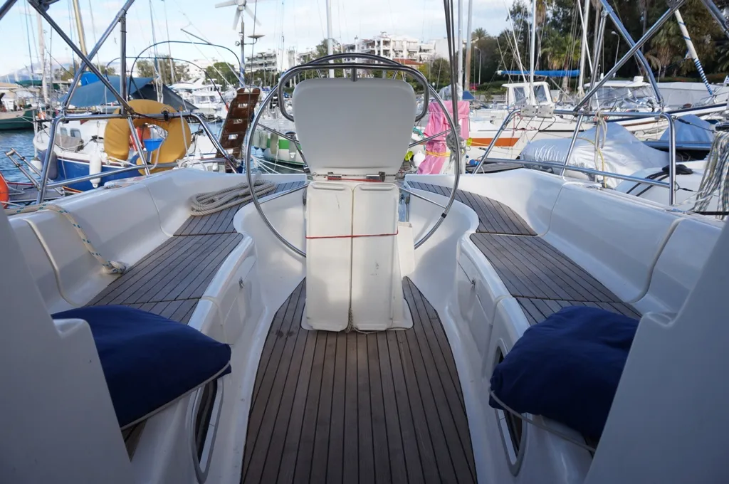 Cockpit of Konstantinos, a Bavaria 36 sailboat at Municipal Unit of Lefkada, Greece