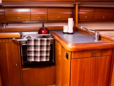 Galley of Konstantinos, a Bavaria 36 sailboat at Municipal Unit of Lefkada, Greece