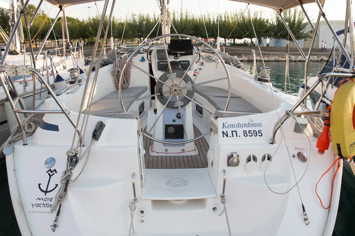Deck of Konstantinos, a Bavaria 36 sailboat at Municipal Unit of Lefkada, Greece