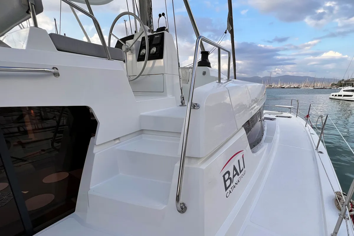 Cockpit of Bali, a Bali 4.8 catamaran at Fethiye, Turkey