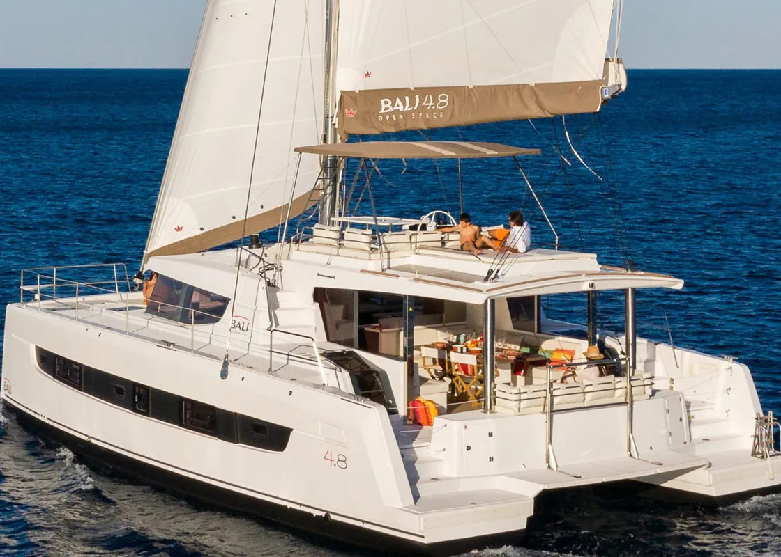 Exterior view of Bali, a Bali 4.8 catamaran at Fethiye, Turkey