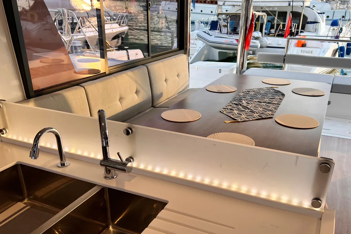 Salon of Bali, a Bali 4.8 catamaran at Fethiye, Turkey