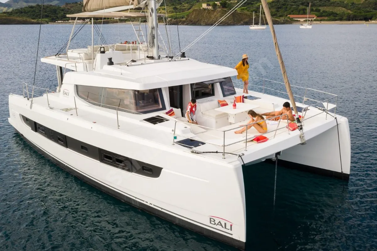 Exterior view of Bali, a Bali 4.8 catamaran at Fethiye, Turkey