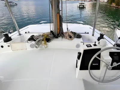 Cockpit of Bali, a Bali 4.8 catamaran at Fethiye, Turkey