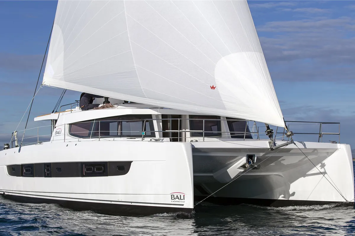Exterior view of Bali, a Bali 4.8 catamaran at Fethiye, Turkey