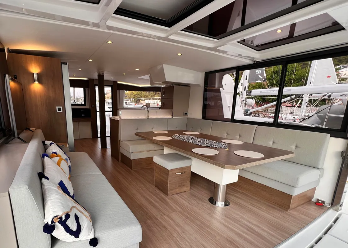 Salon of Bali, a Bali 4.8 catamaran at Fethiye, Turkey