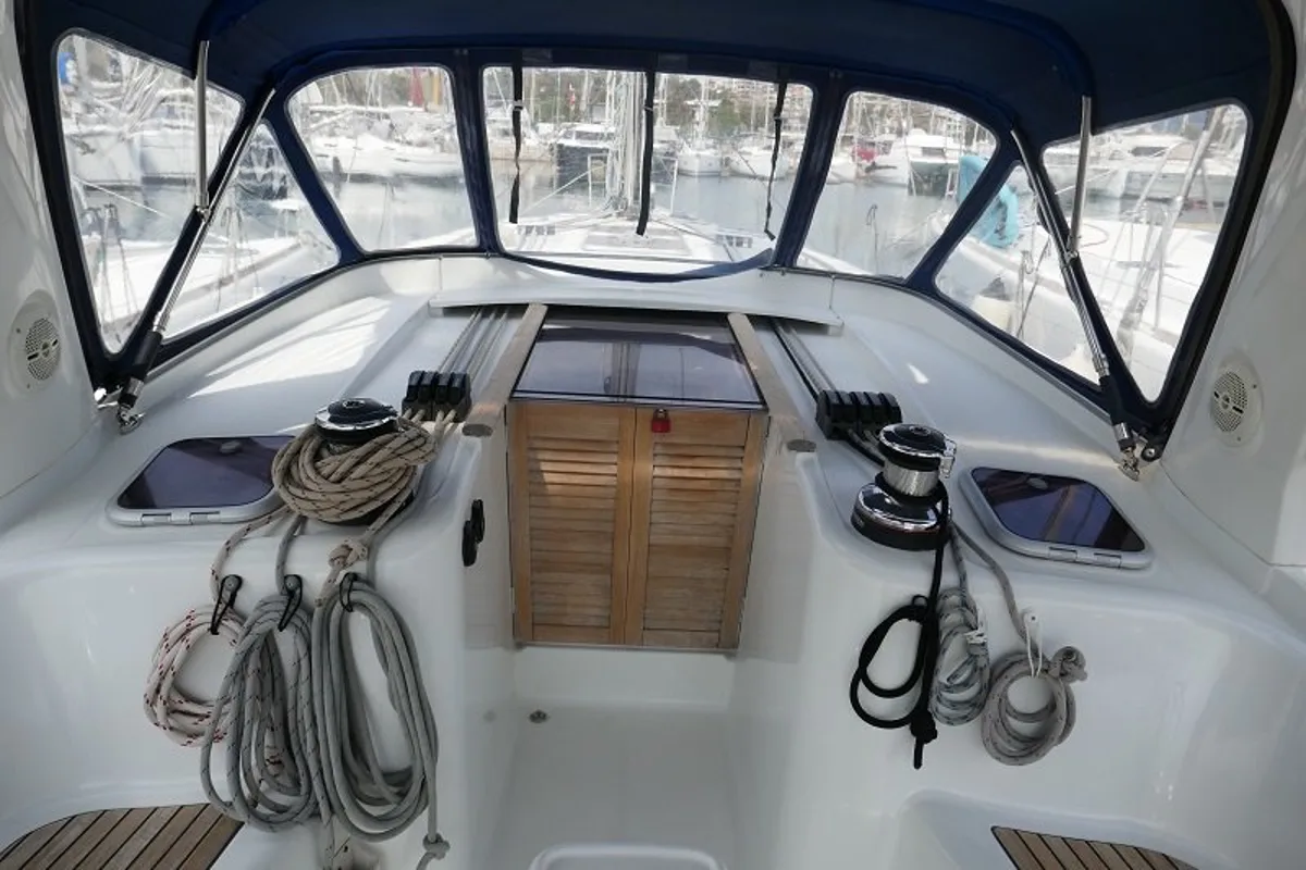 Cockpit of Promise, a Beneteau Oceanis 50 sailboat at Lavreotiki Municipal Unit, Greece