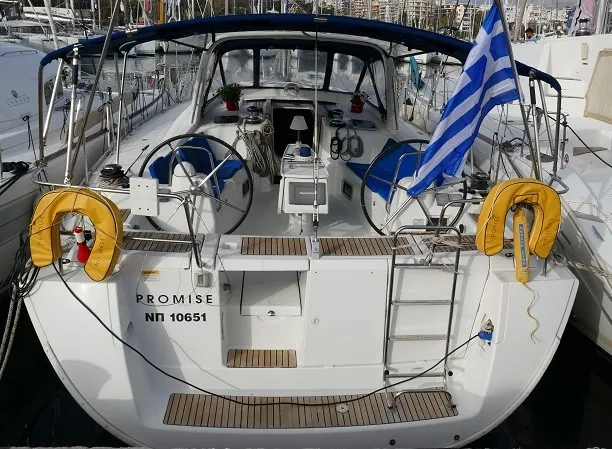 Cockpit of Promise, a Beneteau Oceanis 50 sailboat at Lavreotiki Municipal Unit, Greece