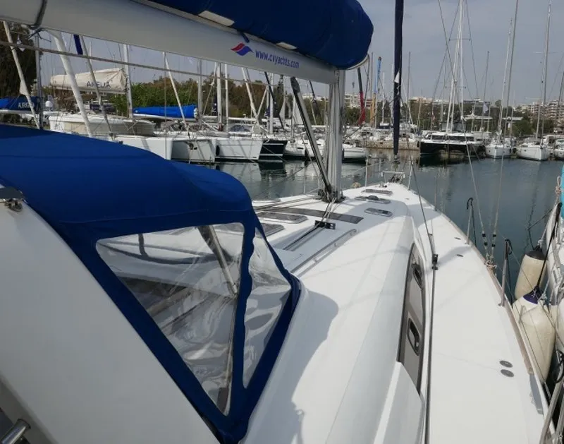 Deck of Promise, a Beneteau Oceanis 50 sailboat at Lavreotiki Municipal Unit, Greece