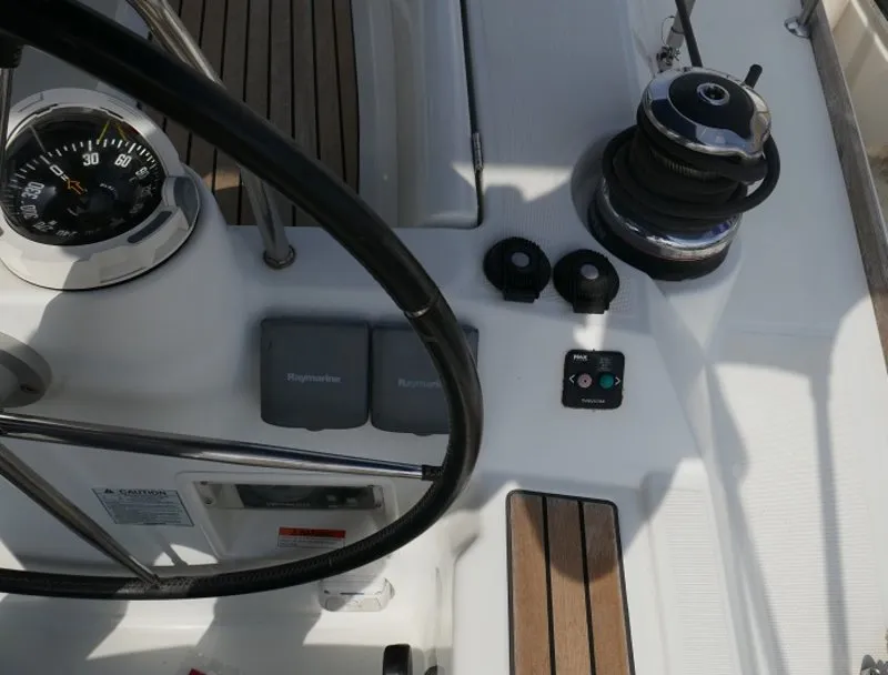 Cockpit of Promise, a Beneteau Oceanis 50 sailboat at Lavreotiki Municipal Unit, Greece