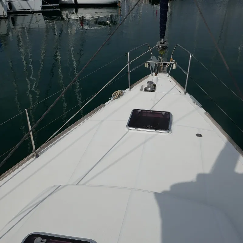 Deck of Promise, a Beneteau Oceanis 50 sailboat at Lavreotiki, Greece