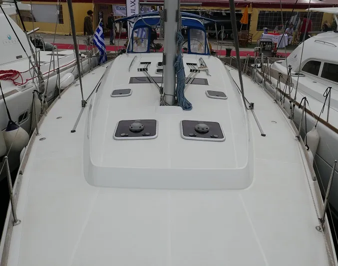 Deck of Promise, a Beneteau Oceanis 50 sailboat at Lavreotiki, Greece