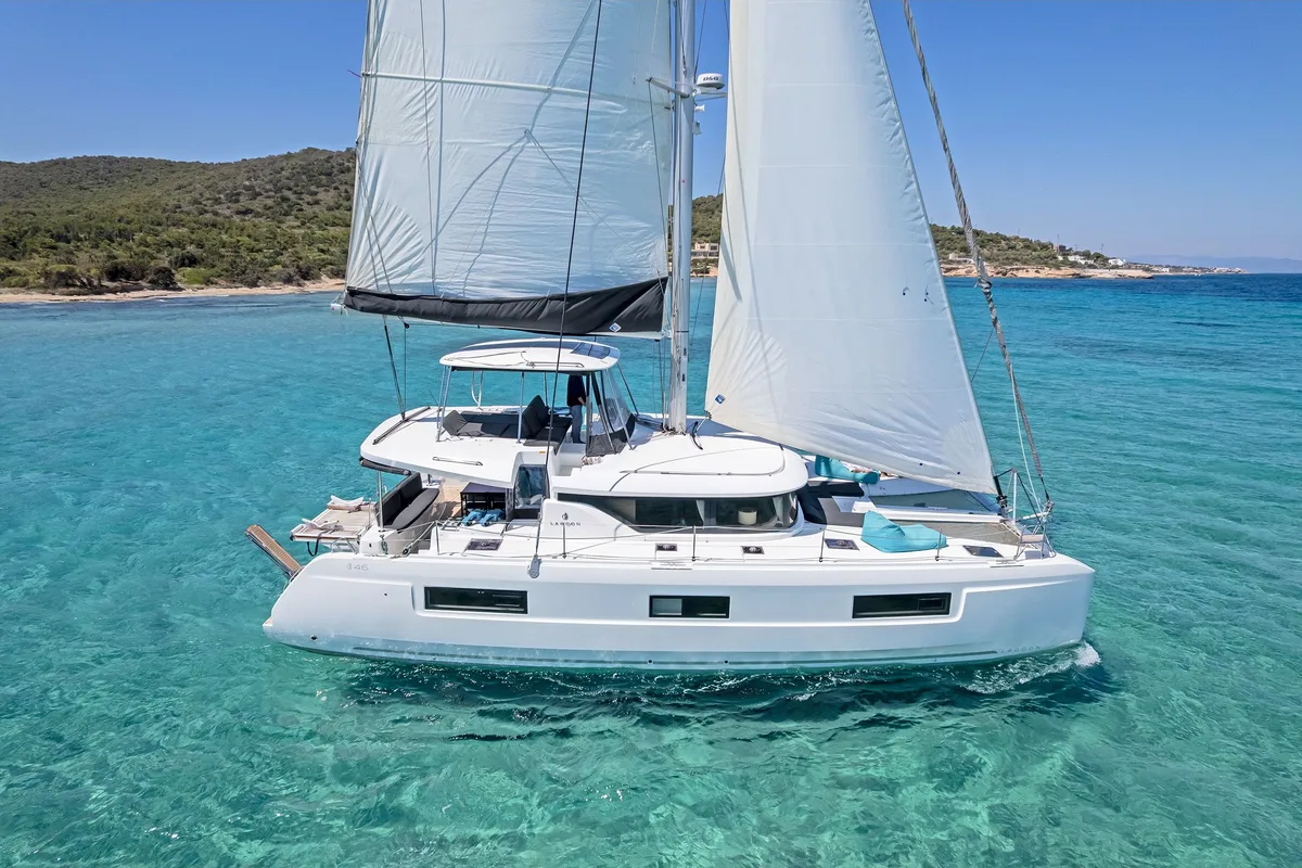 Exterior view of My Star, a Lagoon 46 catamaran at Athens, Greece
